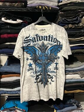 Y2k Salvation Graphic Tee - White with Blue & Black